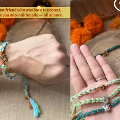 A collage showing our various macrame Rakhi designs, including braided styles with different charms. Each one is handmade and adjustable.