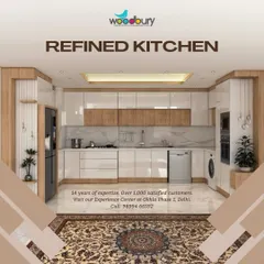 A concept for a refined kitchen, blending white high-gloss cabinets with warm wood accents. This design includes integrated spaces for a dishwasher and washing machine, showing how we plan for every appliance.
