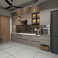 A luxurious open kitchen design featuring a matte black SMEG refrigerator, built-in oven, and tinted glass cabinets. The layout is perfect for those who love to cook and entertain.