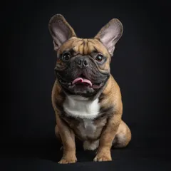 This happy French Bulldog is the center of attention against a classic black backdrop. This style of simple dog portraiture ensures that every wrinkle, whisker, and cheerful expression is the main event.