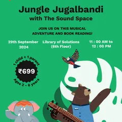 An event poster for our 'Jungle Jugalbandi' musical adventure and book reading at the Museum of Solutions, inviting families to join us for a session of rhythm, imagination, and fun.
