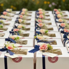 An array of custom return favours prepared for a special day. These white gift boxes are elegantly adorned with navy blue ribbons, personalized tags, and a small floral arrangement, demonstrating our attention to detail.