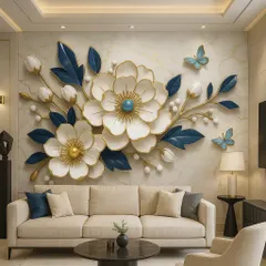 We bring walls to life with our premium 3D wallpapers. This floral design features large, embossed flowers with gold and blue accents, creating a stunning feature wall. It adds texture, depth, and a touch of royal elegance to any living room or bedroom.