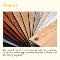 Wood adds a grounding touch of warmth and comfort. I love using it to balance sleek, modern surfaces with something organic. This image displays a fan of wood veneer samples in various tones and grains.