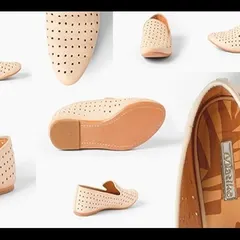 A multi-angle collage of a pair of perforated beige loafers, showing the top, side, sole, and detail shots to give customers a complete 360-degree understanding of the product.