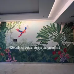 Step into a world where walls dissolve into nature. This paradise-themed mural features dense foliage and a colorful parrot, transforming this space into an artistic escape.