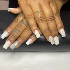 Another angle of the milky white and holographic glitter bridal set, showing how the nails look from the side and the smooth finish of the extension.