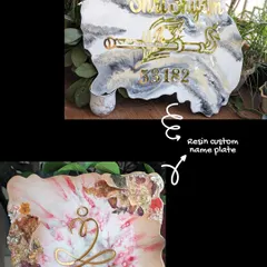 A collection of custom resin nameplates, including one with "Shri Shyam" and a flute, and another with a floral design and a spiritual symbol.