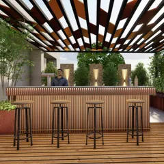 A closer view of a terrace bar design, showcasing a modern pergola with a patterned roof for dynamic light and shadow. The slatted wood bar front and surrounding planters with small trees integrate natural textures into a sophisticated entertainment space.