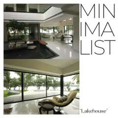 This image highlights the minimalist aesthetic of the "Waterfront Home." The top photo shows the indoor water court, while the bottom photo captures the seamless transition from the living area to the lakeside through floor-to-ceiling windows.
