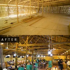 This before and after shot shows the interior transformation of the Silbatti restaurant. I took an empty, raw structure and turned it into a bustling dining space with custom bamboo walls, ceiling, and furniture.