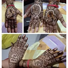 A collage showing different angles of a detailed baby shower mehendi. It includes portraits of the expecting parents, a cradle, and "Mom to be" and "Dad to be" text.