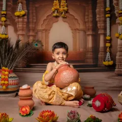 Capturing the innocent and mischievous spirit of 'Natkhat Nandlal'. This little boy, dressed as Krishna, has a playful moment with a pot of butter during his themed studio session.