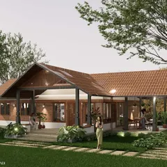 An expansive single-story vernacular residence featuring a large, open veranda идеаl for indoor-outdoor living. The design uses exposed brick and a sloping tiled roof to maintain thermal comfort, while the landscape integrates seamlessly with the architecture.