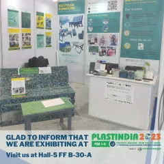 Our booth at PLAST INDIA 2023, where we showcased our range of recycled furniture and engaged with industry leaders on the future of plastic waste management.