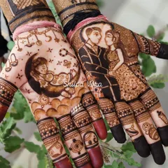 Celebrating the journey to motherhood with a special Godh Bharai mehndi. This design tells a story with portraits of the happy couple and sweet symbols of the new baby arriving.