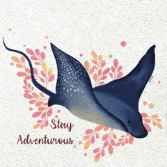 This digital painting of a stingray is a reminder to 'Stay Adventurous'. The contrast between the deep blue of the ray and the pink foliage creates a vibrant and dynamic composition.