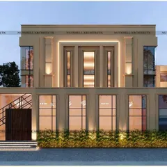A direct frontal view of the banquet hall, emphasizing its symmetrical design. The grand central entrance is framed by architectural fins and lit to draw attention, promising an elegant experience within.