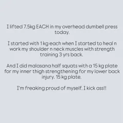 A moment of celebrating my own strength. I share my progress in lifting weights, from starting at 1kg to now lifting 15kg plates. I'm freaking proud of myself. I kick ass.