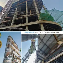 A collage showing the construction progress of Narmada. You can see the structural framework taking shape, which will soon be wrapped in the building's distinctive, climate-responsive facade.