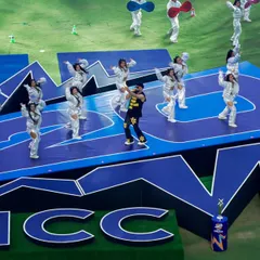 An aerial perspective of the custom ICC-branded stage we built for the T20 World Cup opening ceremony. This view highlights the precise choreography of the dancers and the strategic placement of stage elements for maximum visual impact on broadcast.