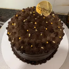 A rich chocolate cake covered in chocolate frosting and sprinkled with gold dust.