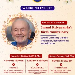 A poster celebrating the birth anniversary of our beloved Swami Kriyananda. We gather on such occasions for special satsangs with chanting, meditation, and reflections on his inspiring life.