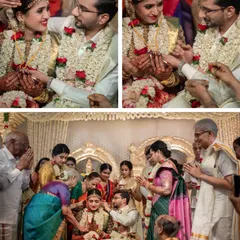 Capturing the beautiful rituals of a South Indian wedding. The couple looks serene in their coordinated cream and gold outfits, adorned with fresh flower garlands. My role is to ensure their attire is perfect for these sacred moments.
