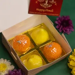 A closer look at our Mithai Soaps, featuring Motichoor Ladoo and Kesar Peda shapes. These soaps are a fun and festive addition to any Diwali hamper and come with a 'Happy Diwali' card.