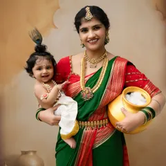 A beautiful portrait of a mother as Yashoda, holding a pot of butter and her little Krishna. The baby's happy expression makes this a truly special festive memory.