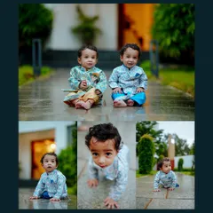 A milestone session is perfect for capturing your baby's budding personality. This collage showcases a variety of shots from a single outdoor photoshoot, from playful crawling to curious gazes and a happy portrait of the twins together.