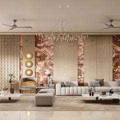 We designed this 6,000 sq. ft. residence as a masterclass in modern luxury. The living space is anchored by hand-picked, stone-inspired wall panels that act as art, juxtaposed with clean-lined furniture. It's a space crafted for both grand entertaining and quiet contemplation.