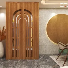 This image shows the pooja room with its custom-designed wooden pocket doors closed. The arched cutouts offer a glimpse of the sacred space within while saving space.
