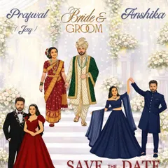 This "Save the Date" is more than just an announcement, it's a wardrobe planner. I illustrated the couple in their different outfits for the wedding events, giving guests a fun preview of the celebrations to come.