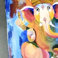 A close-up on the expressive eyes and trunk of the Ganesha painting. I use fine brushwork to add details that bring the deity's compassionate character to life.
