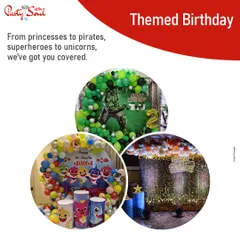 I can create any theme your child can dream of. This collage shows some of my favorite kids' party themes, including the mighty Hulk, the popular Baby Shark, and a dazzling fairy light backdrop.