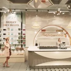 This is a render of the "Sanjay Dry Fruits" store, where I blended modern and natural elements. The design features a curved, contemporary order counter, elegant pendant lighting, and clear, accessible product displays to create a premium shopping experience.