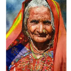 A study in color and character. This portrait of a woman in a vibrant red headscarf demonstrates how to balance bold colors with the delicate, weathered textures of the skin.