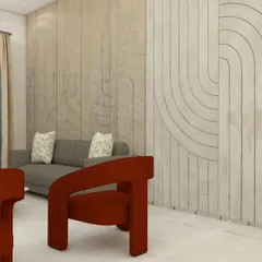 A close-up of the wall paneling detail in our ATS Nobility project. The curved grooves add a layer of texture and artistry to the living room, complemented by the bold, modern armchair in a contrasting rust color.