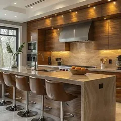 This luxurious kitchen features rich wood grain cabinetry and a stunning marble waterfall island with seating for four. We integrated professional-grade appliances and under-cabinet lighting for a warm, inviting atmosphere.