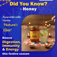 Did you know Ayurveda calls honey 'Nature's Elixir'? This festive image of Sri Sri Honey explains that it's perfect for boosting digestion, immunity, and energy during the celebratory season.