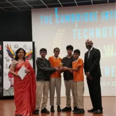 A team of our students receiving the "Movebot" project award at The Cambridge International Technothon. Success in competitions like these validates our curriculum and brings prestige to your center.