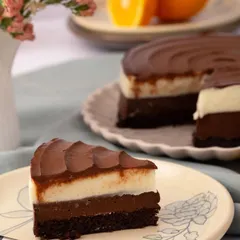 A slice of my triple-layered dark chocolate and orange mousse cake. The combination of rich chocolate and tangy orange with a hint of Cointreau is a sophisticated delight.