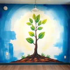 This mural uses the powerful symbol of a rooted tree to represent a company's strong foundation and upward growth. It's a popular theme for businesses looking to visualize their journey and aspirations, creating a positive and forward-looking environment.