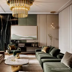 This living room is a study in sophisticated comfort, where a rich palette of sage green and gold creates a warm and inviting atmosphere. We combined plush velvet sofas, a statement marble coffee table, and a dramatic chandelier to craft a space that is both luxurious and perfect for family gatherings.