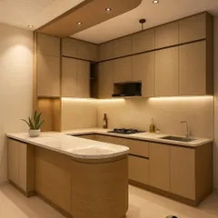 This is a 3D concept for a modern modular kitchen, designed with sleek beige cabinets, under-cabinet LED lighting, and a unique curved peninsula island that softens the space and adds a breakfast counter.