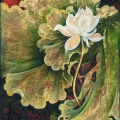 An elegant oil painting of a lotus flower, highlighting the smooth blending and depth that can be achieved with this medium.