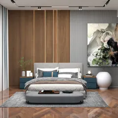 This bedroom was designed for a client's son, balancing sophistication with a youthful edge. Dark wood paneling and shades of grey create a masculine, modern backdrop, while pinstripe details and abstract art add a dynamic feel.