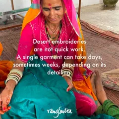 We want you to meet the hands and hearts behind our creations. Our brand is owned by a community of artisans, like this woman from Western Rajasthan, who pour generations of skill and resilience into every piece, keeping desert embroidery traditions alive.
