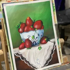 Look at the vibrant detail in this still life of strawberries, created by a student using poster colors. This shows how we build strong foundational skills in color theory and brushwork, even with simple materials.